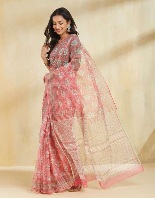 Pink Cotton Silk Hand Block Print Sari Pink Cotton Silk Hand Block Print Sari