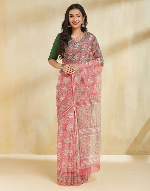 Pink Cotton Silk Hand Block Print Sari Pink Cotton Silk Hand Block Print Sari