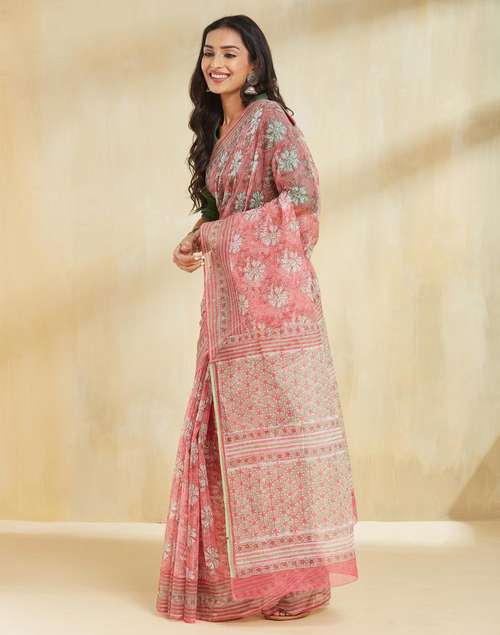 Pink Cotton Silk Hand Block Print Sari Pink Cotton Silk Hand Block Print Sari
