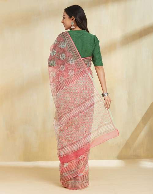 Pink Cotton Silk Hand Block Print Sari Pink Cotton Silk Hand Block Print Sari