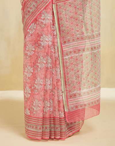 Pink Cotton Silk Hand Block Print Sari Pink Cotton Silk Hand Block Print Sari
