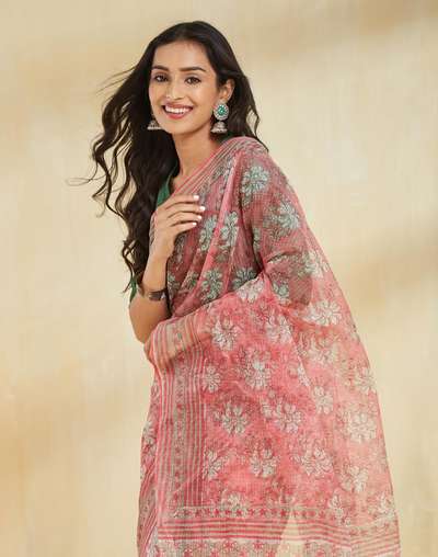 Pink Cotton Silk Hand Block Print Sari Pink Cotton Silk Hand Block Print Sari