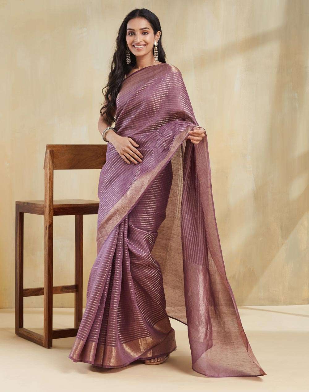 Buy Natural Linen Blend Hand Block Printed Sari for Women Online at ...