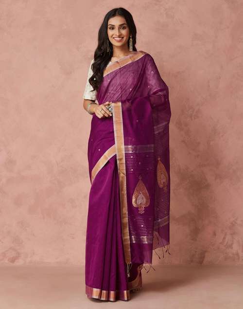 Buy Wine Cotton Silk Blend Chanderi Sari for Women Online at Fabindia ...