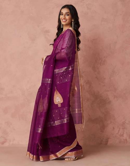 Buy Wine Cotton Silk Blend Chanderi Sari for Women Online at Fabindia ...