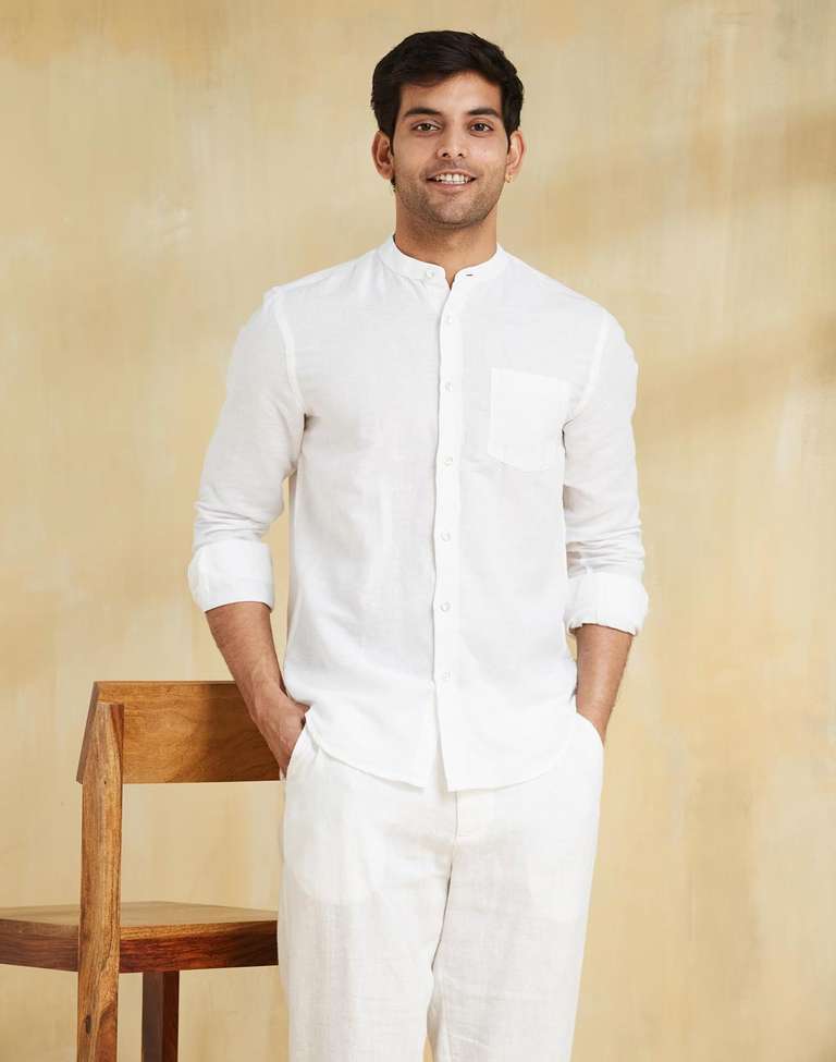 White Linen Blend Slim Fit Shirt