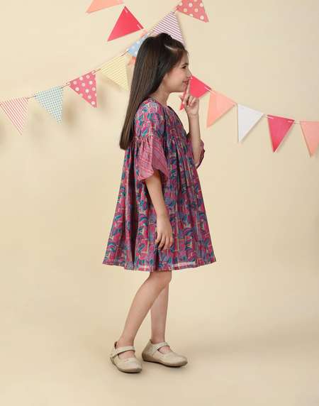 Pink Cotton Silk Printed Dress - Main Image