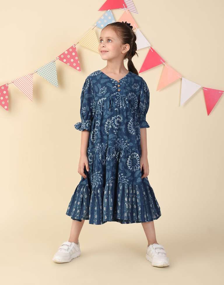 Indigo Cotton Dabu Printed Dress