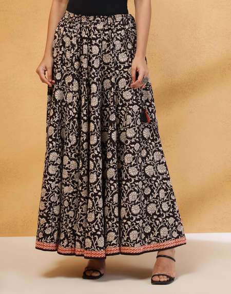 Buy Black Cotton Bagh Printed Ghera Skirt for Women Online at