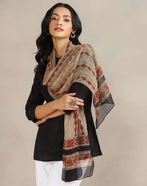 Beige Cotton Silk Bagru Printed Stole Beige Cotton Silk Bagru Printed Stole