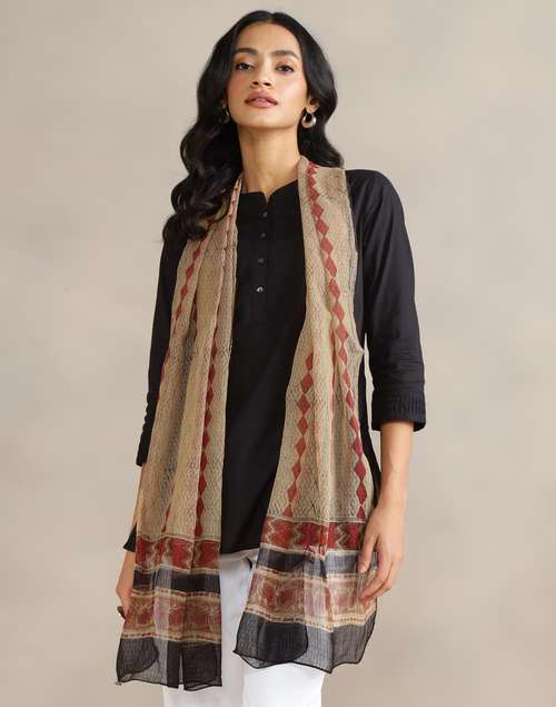 Beige Cotton Silk Bagru Printed Stole Beige Cotton Silk Bagru Printed Stole