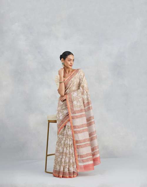 Buy Beige Cotton Silk Blend Hand Block Printed Sari for Women Online at ...