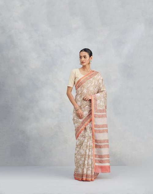 Buy Beige Cotton Silk Blend Hand Block Printed Sari for Women Online at ...