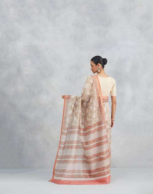 Buy Beige Cotton Silk Blend Hand Block Printed Sari for Women Online at ...