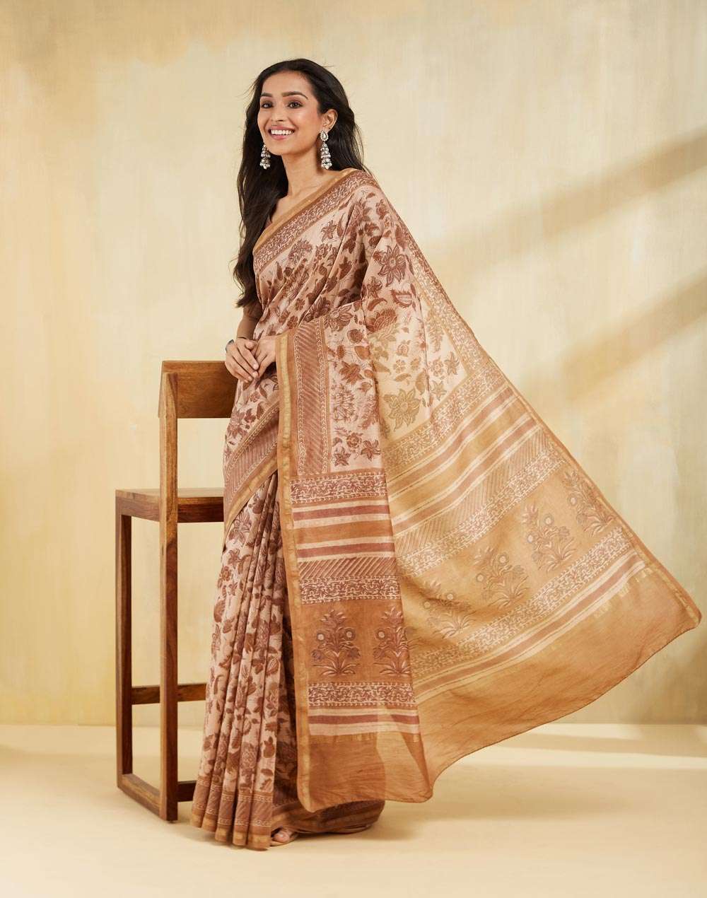 Buy Beige Cotton Silk Blend Hand Block Printed Sari for Women Online at ...