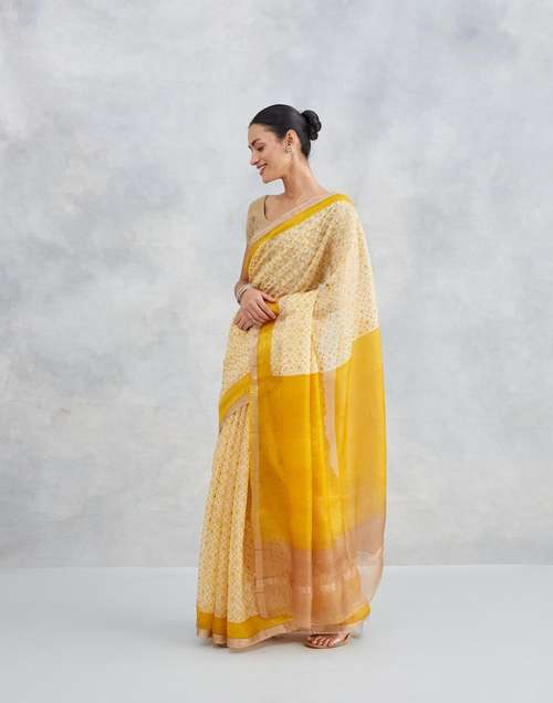 Buy Beige Silk Blend Hand Block Printed Sari for Women Online at ...