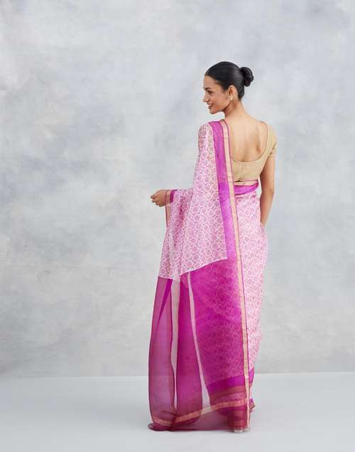Buy Natural Silk Blend Hand Block Printed Sari for Women Online at ...