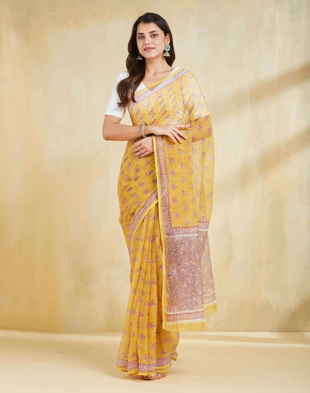 Buy Orange Cotton Silk Hand Block Printed Sari for Women Online at ...