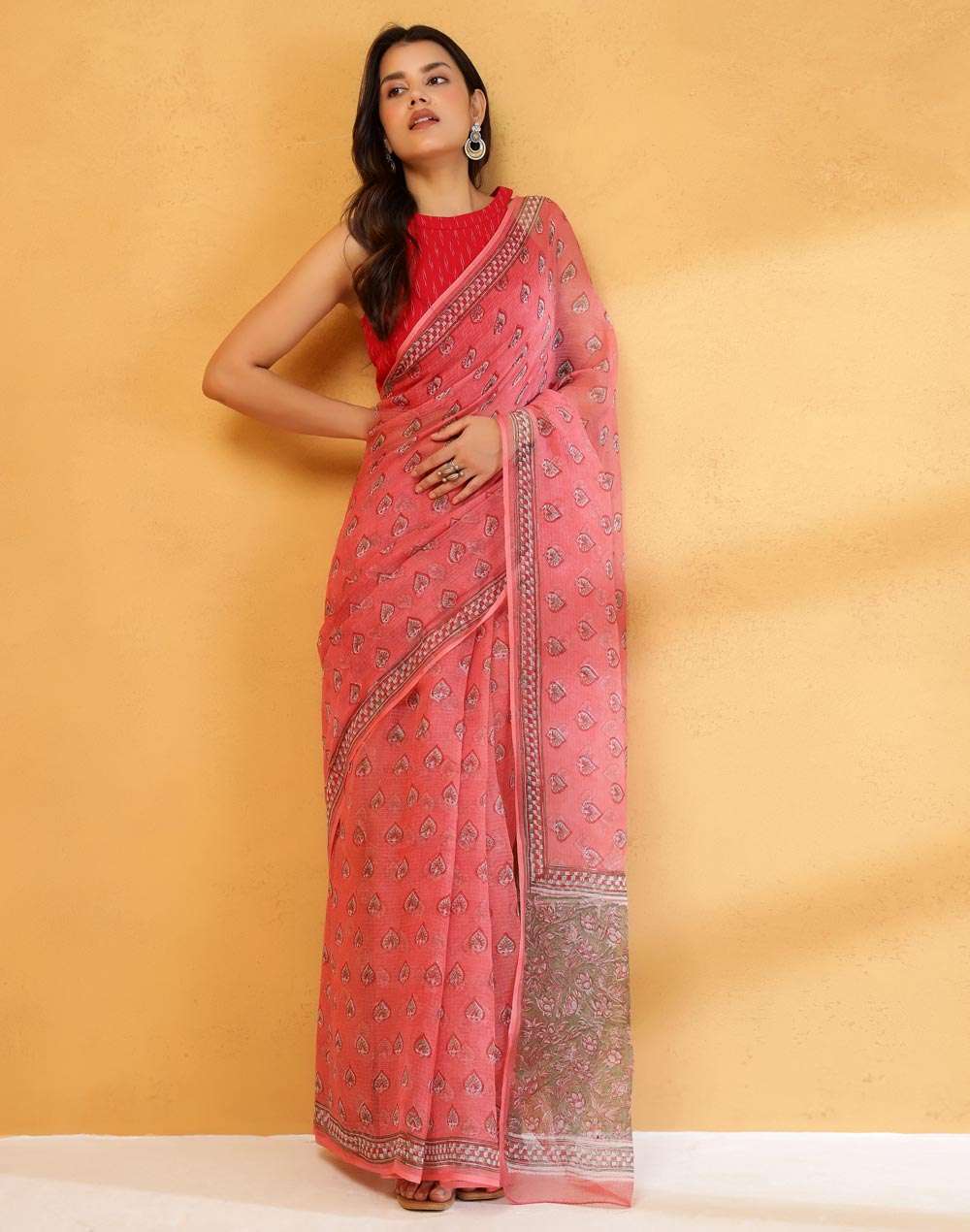 Buy Pink Cotton Silk Hand Block Printed Sari for Women Online at ...