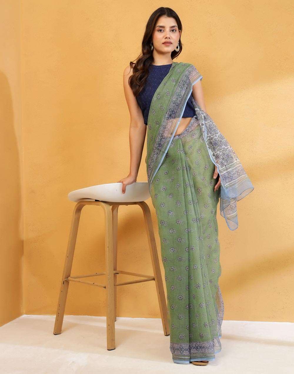 Buy Orange Cotton Silk Hand Block Printed Sari for Women Online at ...