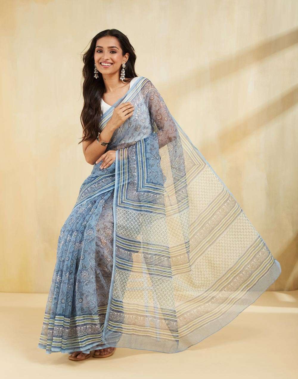 Buy Orange Cotton Silk Hand Block Printed Sari for Women Online at ...