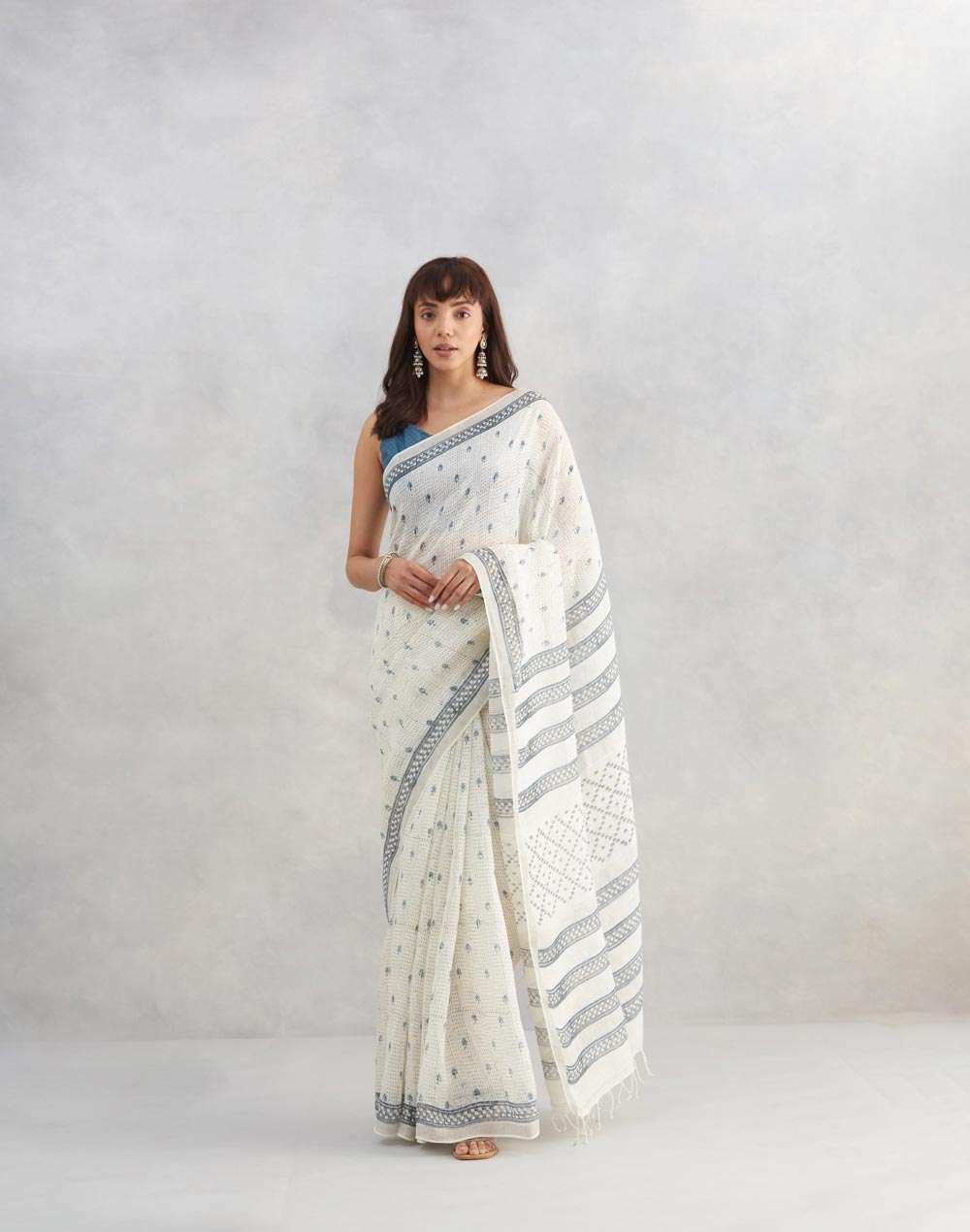 Buy Natural Linen Blend Hand Block Printed Sari for Women Online at ...