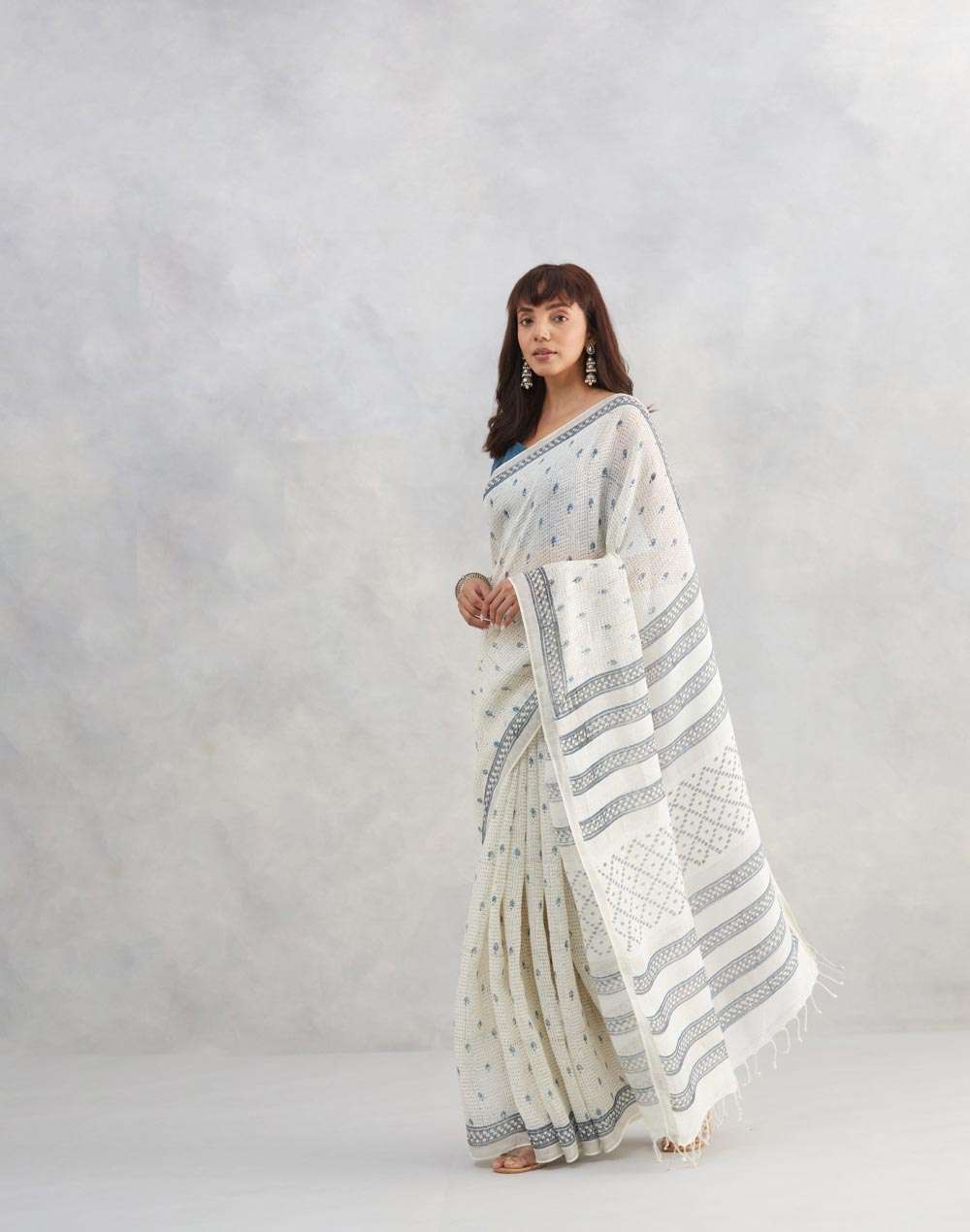 Buy Natural Linen Blend Hand Block Printed Sari for Women Online at ...