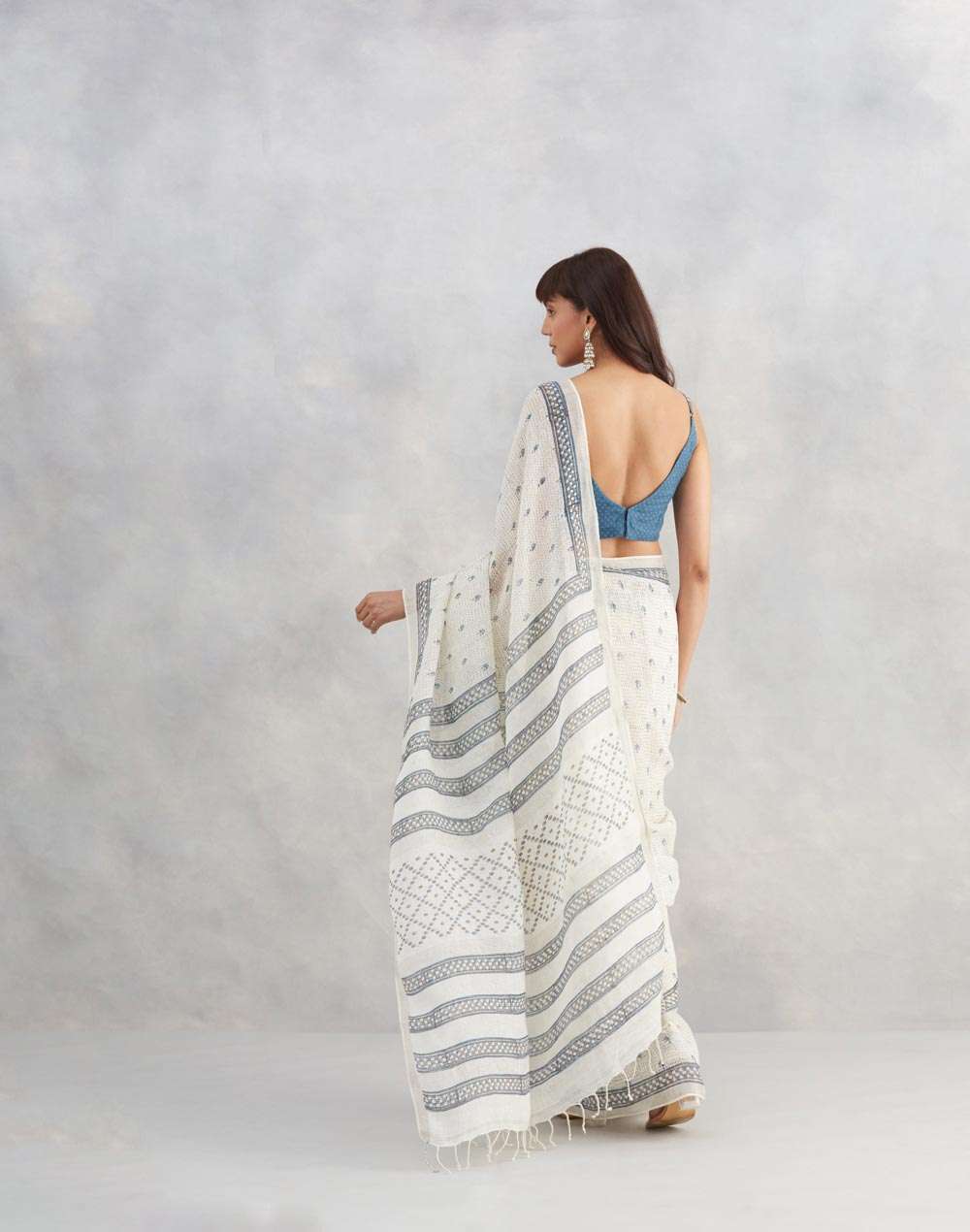 Buy Natural Linen Blend Hand Block Printed Sari for Women Online at ...