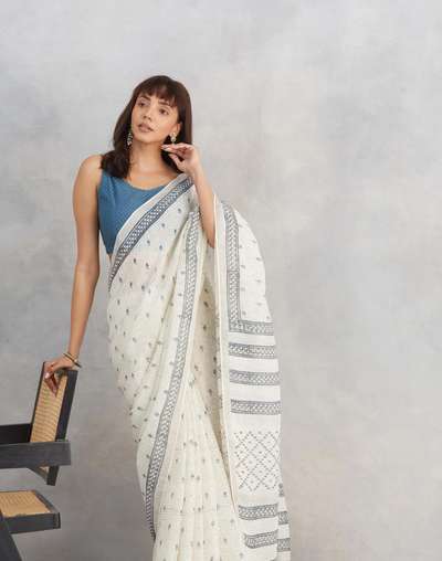 Buy Natural Linen Blend Hand Block Printed Sari for Women Online at ...