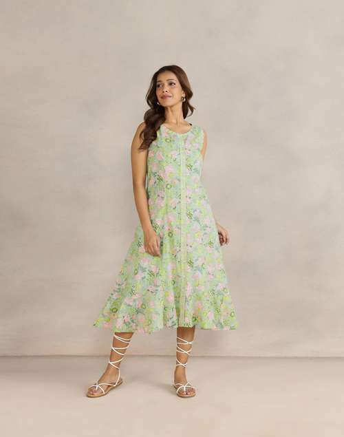 Green Cotton Hand Block Printed Midi Dress With Slip Green Cotton Hand Block Printed Midi Dress With Slip