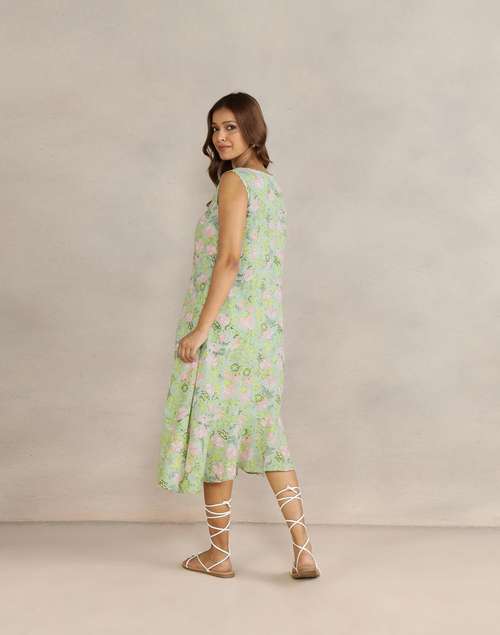 Green Cotton Hand Block Printed Midi Dress With Slip Green Cotton Hand Block Printed Midi Dress With Slip