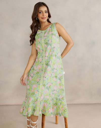 Green Cotton Hand Block Printed Midi Dress With Slip Green Cotton Hand Block Printed Midi Dress With Slip