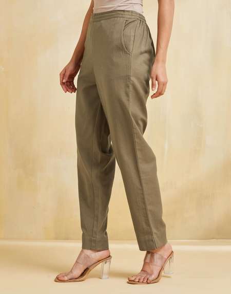 Green Cotton Linen Casual Tapered Pant