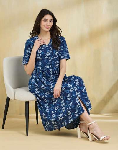 fabindia cotton dresses Buy Indigo Cotton Dabu Printed Midi Dress for Women Online at Fabindia