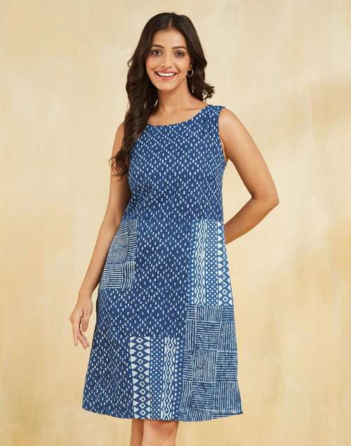 Indigo Cotton Blend Dabu Printed Short Dress Indigo Cotton Blend Dabu Printed Short Dress