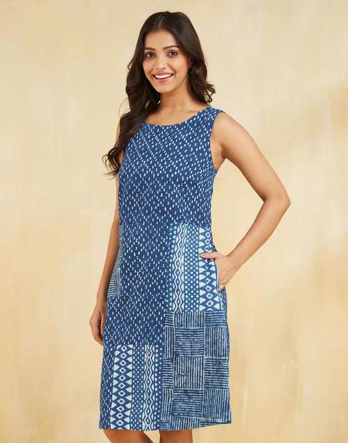 Indigo Cotton Blend Dabu Printed Short Dress Indigo Cotton Blend Dabu Printed Short Dress