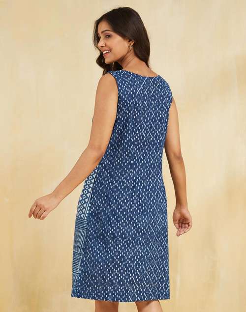 Indigo Cotton Blend Dabu Printed Short Dress Indigo Cotton Blend Dabu Printed Short Dress