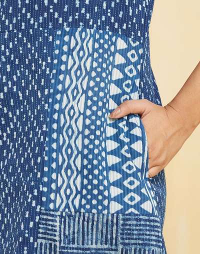 Indigo Cotton Blend Dabu Printed Short Dress Indigo Cotton Blend Dabu Printed Short Dress