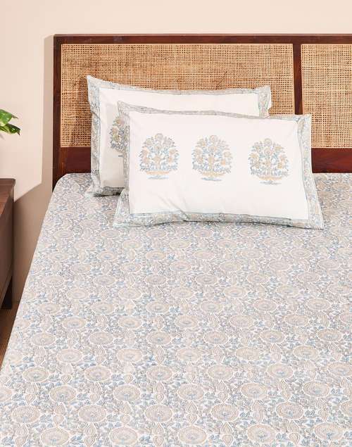 Blue Ruhi Cotton Bed Sheet With 2 Pillow Covers Blue Ruhi Cotton Bed Sheet With 2 Pillow Covers