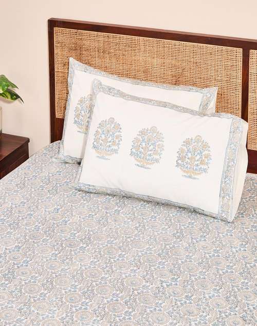 Blue Ruhi Cotton Bed Sheet With 2 Pillow Covers Blue Ruhi Cotton Bed Sheet With 2 Pillow Covers