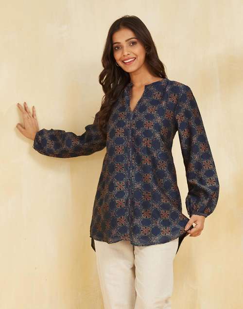 Indigo Cotton Silk Ajrakh Printed Tunic Indigo Cotton Silk Ajrakh Printed Tunic