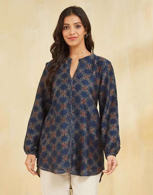 Indigo Cotton Silk Ajrakh Printed Tunic Indigo Cotton Silk Ajrakh Printed Tunic