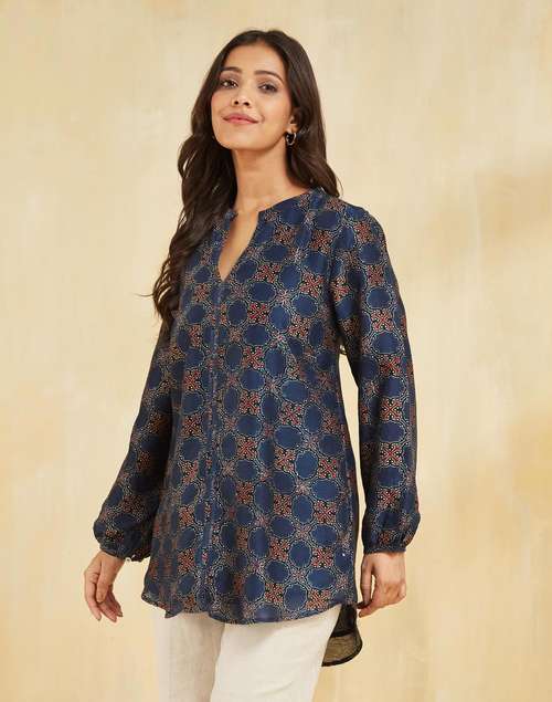 Indigo Cotton Silk Ajrakh Printed Tunic Indigo Cotton Silk Ajrakh Printed Tunic