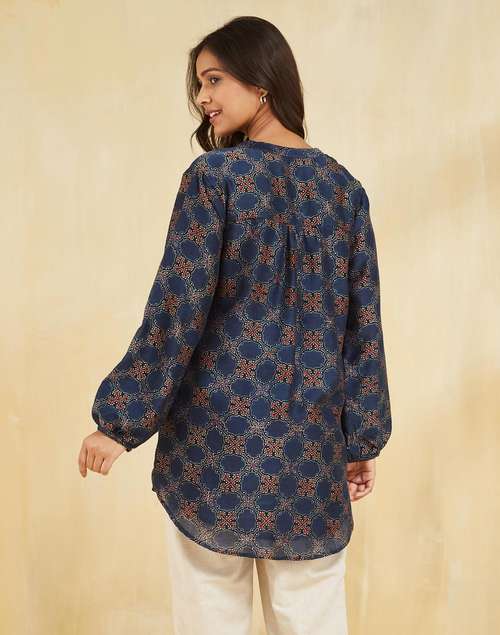 Indigo Cotton Silk Ajrakh Printed Tunic Indigo Cotton Silk Ajrakh Printed Tunic