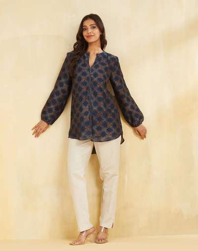 Indigo Cotton Silk Ajrakh Printed Tunic Indigo Cotton Silk Ajrakh Printed Tunic