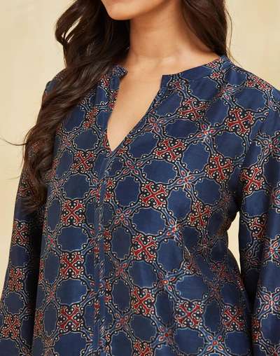 Indigo Cotton Silk Ajrakh Printed Tunic Indigo Cotton Silk Ajrakh Printed Tunic