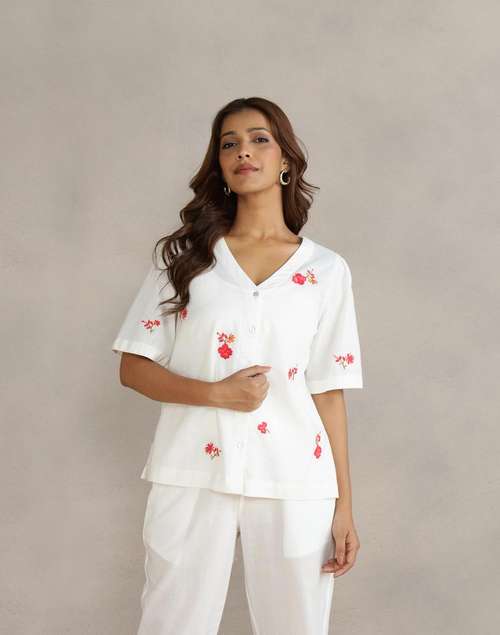 White Cotton Linen Hand Embroidered Top White Cotton Linen Hand Embroidered Top