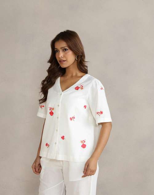 White Cotton Linen Hand Embroidered Top White Cotton Linen Hand Embroidered Top
