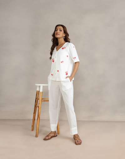 White Cotton Linen Hand Embroidered Top White Cotton Linen Hand Embroidered Top