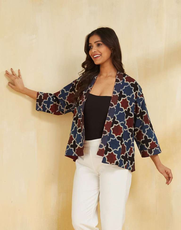 Blue Cotton Printed Shrug - Main Image
